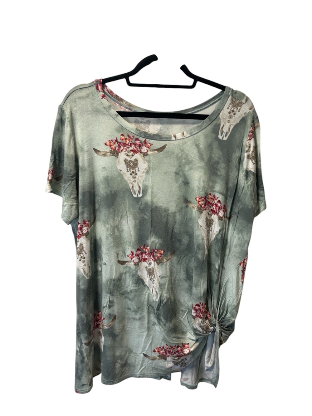 JODIFL Sage Green Short Sleeve Tee with Floral Longhorn Print and Side Tie